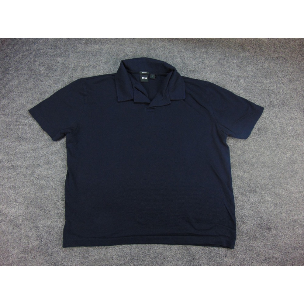 BOSS Polo Shirt Mens Large Navy Blue Solid Textured Luxury Casual Cotton